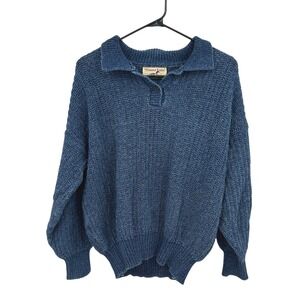 Chunky Fisherman Knit Henley Sweater M Blue Grandpa Cabincore Heritage Made‎ USA